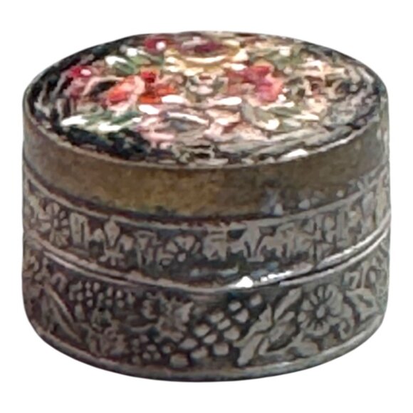 Vintage Italian Micro Mosaic Floral Pill Box Floral Inlaid Silver Plated Trinket - Picture 2 of 9